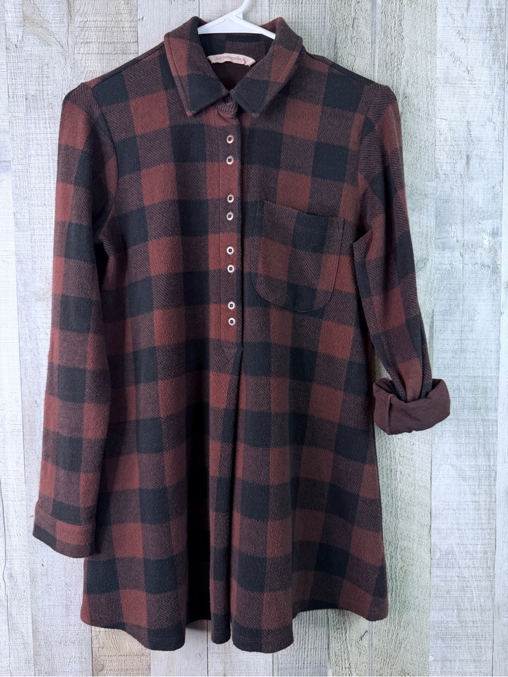 Soft Surroundings XS Soft Flannel Plaid Tabbed Long Sleeve Brown Shirt Dress
